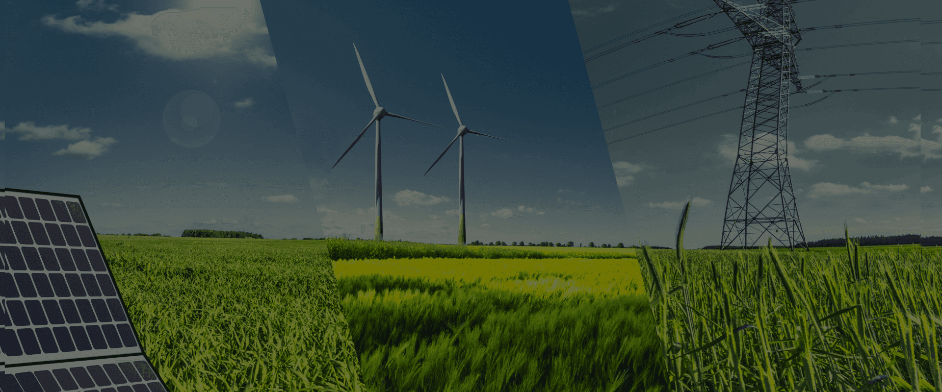 Solar panels and wind turbines on green farmland